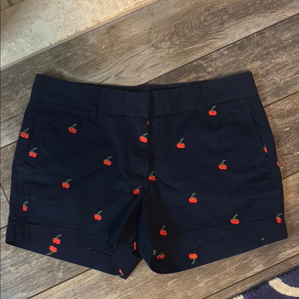 New J Crew Navy Blue Cherry Embroidered Women's Shorts